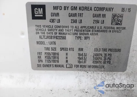 2015 Chevrolet Trax Lt z USA, uszkodzony, nr VIN KL7CJRSB1FB222568